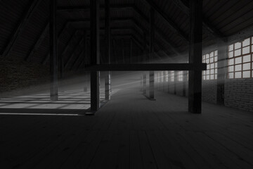 3d rendering of darken empty attic with light rays through windows