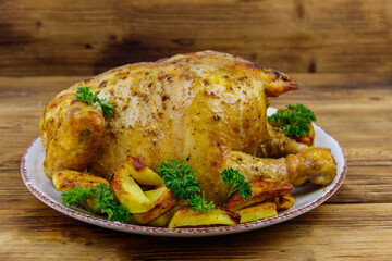 Baked whole chicken with potato on a wooden table