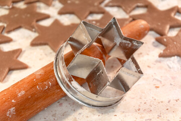 modeling Christmas cookies. use cookie cutters to cut out Christmas sugar cookies. Rolling pin for rolling dough