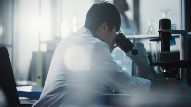 Medical Development Laboratory: Scientist Looking Under Microscope, Analyzes Petri Dish Sample. In Background Big Pharmaceutical Lab with Specialists Conducting Medicine, Biotechnology Research