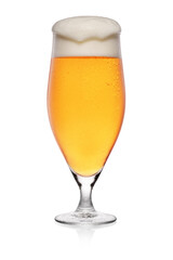 Misted glass of light beer isolated on white background.