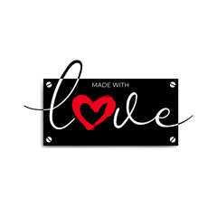 Black door name plate and slogan made with love. Motivation quote made with love and red hand drawn ink brush heart. Vector illustration