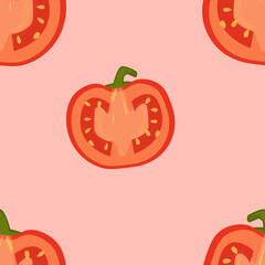 A tomato on a pink background. Seamless pattern. Bright cartoon illustration.