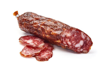 Dried sausage, close-up, isolated on white background