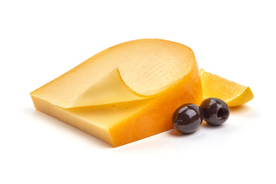 Hard Dutch gouda cheese, close-up, isolated on white background