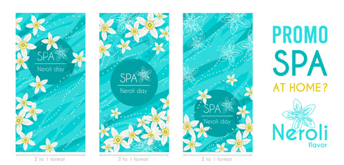 Fresh happy bright branding promotion spa, massage, beauty, aromatherapy treatment or products vertical leaflet template with white neroli orange flowers, cyan blue waterflow and bubbles on background