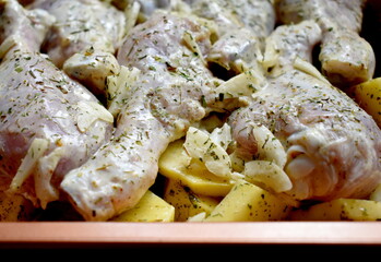 Chicken meat with potatoes in a baking dish