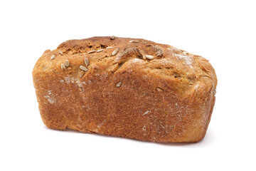Homemade bread, traditional sourdough freshly baked bread with seeds on white.