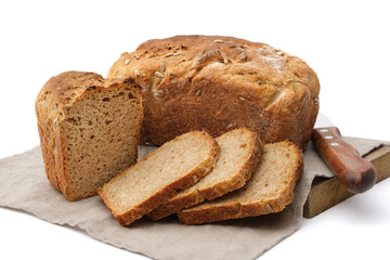 Homemade bread. Traditional sourdough freshly baked bread and bread slice on white.