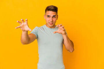 Young handsome caucasian man isolated upset screaming with tense hands.