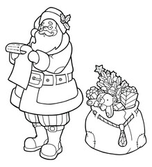 Vector illustration. Hand drawing character. Coloring page. Santa Claus is reading the list. Bag with New Year's gifts. Christmas illustration.