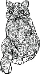 Vector illustration patterned in black and white colors - cat. Zen tangle style.