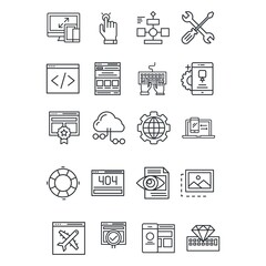 Line icons set with elements of responsive web development service, website programming process, webpage coding and user interface creating. Modern vector pictogram collection concept.