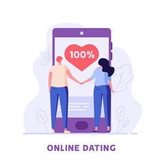 Man and woman stands in front of the phone and hold hands. Concept of online meeting, online dating, virtual relationship, love, heart, social network. Vector illustration in flat design