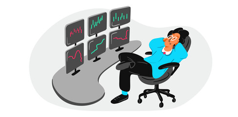 Happy cartoon broker relaxed watching the movement of the charts. Stock trader sitting relaxed on workplace with many screens. Cryptocurrencies trading. Vector Illustration. Eps 10