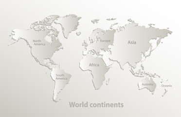World continents map, separate individual continent with names, card paper 3D natural vector