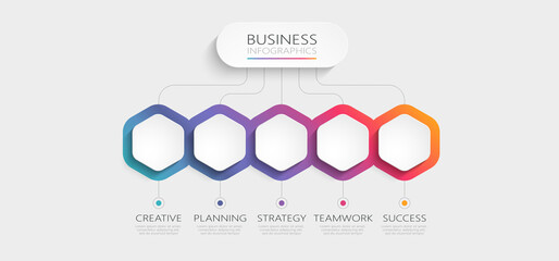 Modern 3D infographic template with 5 steps. Business hexagon template with options for brochure, diagram, workflow, timeline, web design. Vector illustration. EPS 10