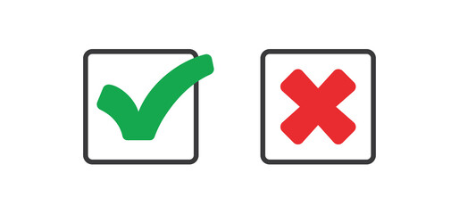 Check mark icons. Green tick and red x. Approval and decline symbols.