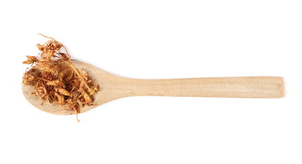 Dry St. John's wort pile in wooden spoon (Hypericum perforatum) isolated on white background, top...