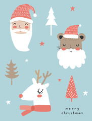 Cute Winter Holidays Vector Illustration with Funny White Reindeer and Christmas Trees. Hand Drawn Deer, Santa Claus and Bear Isolated on a Pastel Blue Background. Infantile Style Christmas Card.