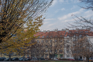 Fototapeta na wymiar Trees with yellow leaves and buildings on the city of Prague, on an autumn day in Bubenec district. Prague 6, Prague, Czech Republic.