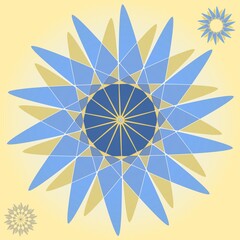 Obraz premium 14 pt geometric stars - one blue and one yellow - stacked atop each other, with star element accents, on a pastel yellow background