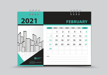 Calendar 2021 template design, February Page vector, Week starts on Sunday, Monthly planner for 2021 year, wall calendar, business organizer planner, Green abstract background