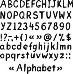 Vector alphabet. Hand-drawn sketches on a white background. Large and small letters and numbers. For menu design, signage, and display cases. Engraving style