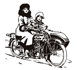 Fototapeta na wymiar Two smiling young women from the early 20th century riding classic motorcycle with sidecar, in three-quarter view