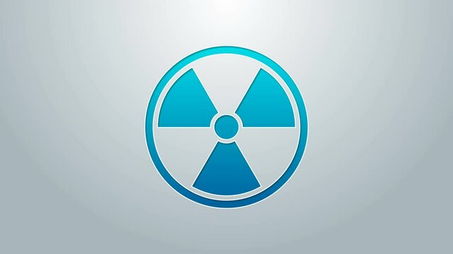 Blue line Radioactive icon isolated on grey background. Radioactive toxic symbol. Radiation Hazard sign. 4K Video motion graphic animation