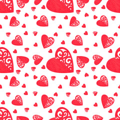 Seamless pattern on a white background of red hearts with a wooden structure and openwork edge