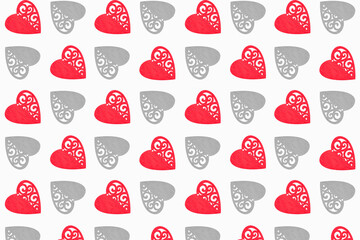 Seamless pattern on a white background of red hearts with a wooden structure and openwork edge