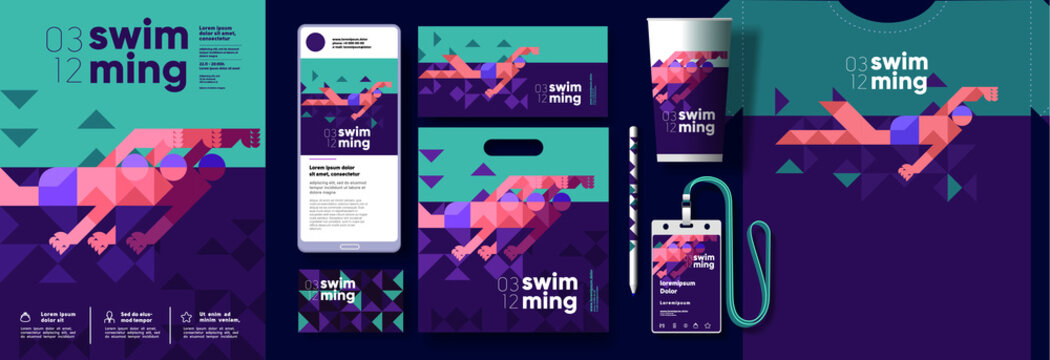 Vector illustration. Branding, corporate identity for swimming competitions. Post in social networks, ID card, package, t-shirt with the event brand.