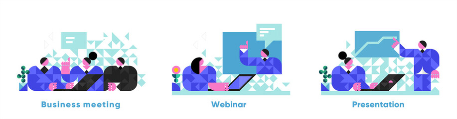 Vector illustration. Business people. Business icons, webinar, meeting, presentation. Abstract, background patterns, triangular mosaics, stylized polygonal images, geometric backgrounds, large width. © Molibdenis-Studio