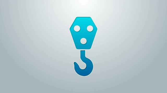 Blue line Industrial hook icon isolated on grey background. Crane hook icon. 4K Video motion graphic animation