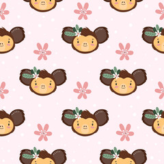 Seamless pattern with cute adorable Hand drawn Monkey and flowers. Kids, baby vector illustration. Creative wild animal childish pattern for fabrics, textile, wrapping, background. 
