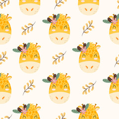Seamless pattern with cute adorable Hand drawn Giraffe and flowers. Kids, baby vector illustration. Creative wild animal childish pattern for fabrics, textile, wrapping, background. 
