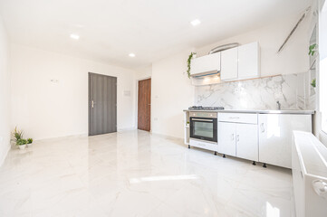 Kitchen room in white in an appartment. Cosy full of light room.