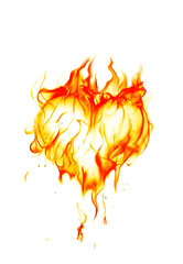 Burning heart symbol. Real fire flames isolated on white background.Valentine card.