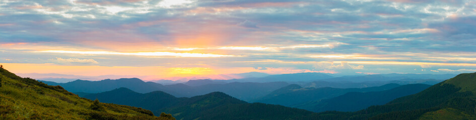 Colorful landscape of sunset in the mountains , scenic wild nature panorama, Carpathians, Ukraine