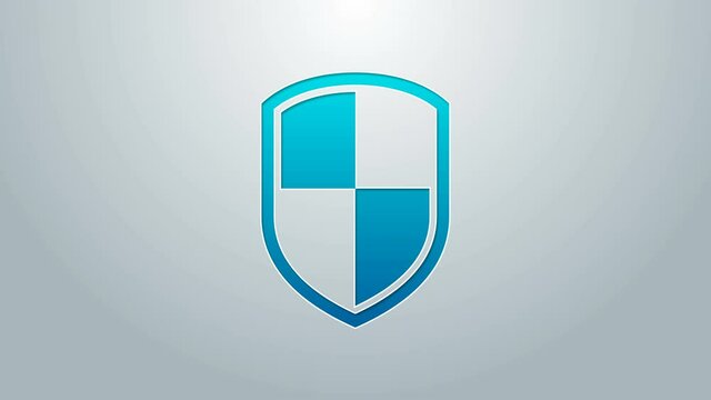 Blue line Shield icon isolated on grey background. Guard sign. 4K Video motion graphic animation