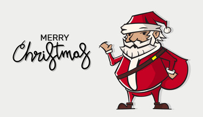 Christmas card. Funny cartoon Santa Claus with huge red bag