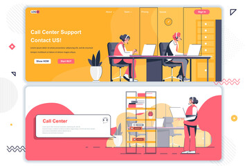 Call center landing pages set. Online hotline, customer assistance service corporate website. Flat vector illustration with people characters. Web concept use as header, footer or middle content.