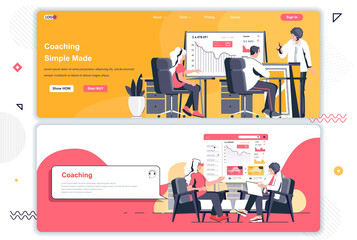 Coaching landing pages set. Business training, motivation and mentoring corporate website. Flat vector illustration with people characters. Web concept use as header, footer or middle content.