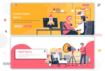 Creative agency landing pages set. Idea generation workflow, project launch corporate website. Flat vector illustration with people characters. Web concept use as header, footer or middle content.