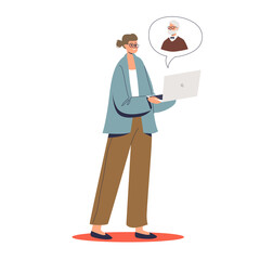 Obraz premium Female patient consulting with psychologist online with laptop and video conference call