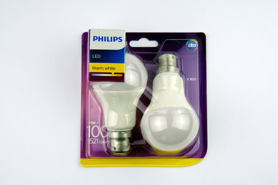 Stone / United Kingdom - February 23 2020: The pair of Philips LED B22 Frosted Light Bulbs isolated on white.