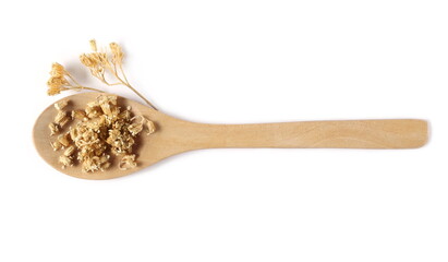 Dried flowers of common yarrow in wooden spoon  isolated on white background, top view