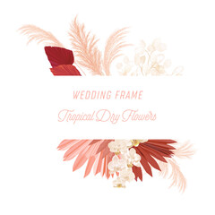 Watercolor floral wedding vector frame. Pampas grass, orchid flowers, dry palm leaves border template