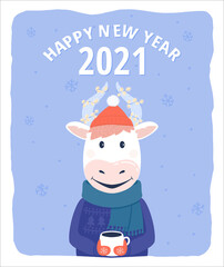 Happy new year 2021 concept. Symbol of 2021 year. Year of the bull. Funny Cow with a cup of hot coffee or tea in a hat, scarf and ugly sweater with a holiday lights.